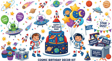 Cosmic Astronaut Birthday Party Decor Vector Set Featuring Rocket Cake Planet Balloons Alien UFO and Galaxy Celebration Kit for Kids Event Branding © Mrinal
