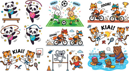 Fototapeta premium Cute Animal Sports Academy Vector Set Featuring Karate Tiger Sparring Soccer Bunnies Cycling Foxes and Rhythmic Gymnastics Panda for Youth Athletics Branding