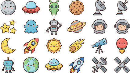 Cute outer space cartoon icon sticker set featuring astronauts rockets ufos aliens planets stars satellites robots telescopes and astronomical vectors. © MeheDi