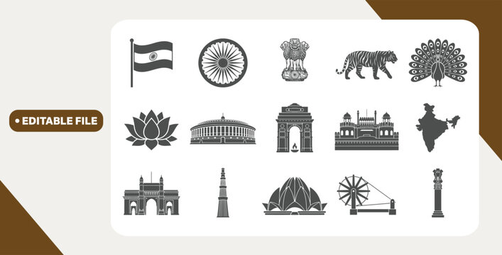 Indian national symbols displayed in grid on white background