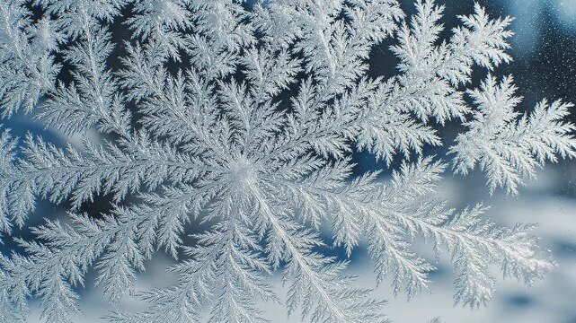 Intricate ice crystals form a delicate, fern-like pattern resembling a snowflake or frost on a window pane, with sharp, crystalline structures and a soft, blurred background in cool blue and white