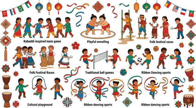 Global Folk Festival and Traditional Games Vector Set Featuring Ribbon Dancing Kabaddi Sumo Wrestling and Cultural Playground Activities for Multicultural Branding