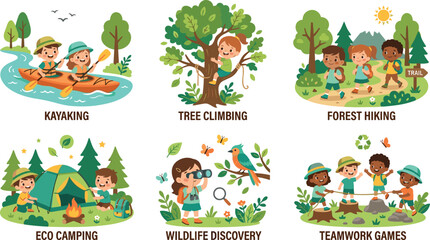 Fototapeta premium Outdoor Summer Camp Adventure Vector Set Featuring Kids Kayaking Forest Hiking Eco Camping and Wildlife Discovery for Nature Based Education Branding
