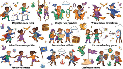 Fototapeta premium Magical Fantasy Sports Day Vector Set Featuring Dragon Riding Enchanted Archery Wizard Broom Competitions and Castle Tournament Activities for Childrens Branding