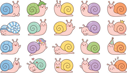 Cute cartoon snail character sticker set featuring colorful pastel shells emojis showing funny expressions sleeping celebrating birthday parties and wearing crowns vector. © MeheDi