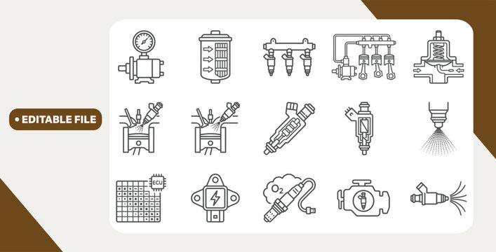Fuel injection icons labeled as automotive components on white