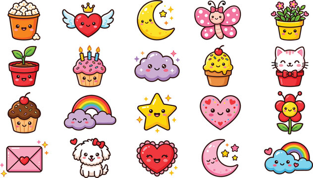 Cute cartoon kawaii sticker collection featuring sweet cupcakes hearts popcorn stars clouds rainbows flowers potted plants butterfly cat and puppy dog vectors.