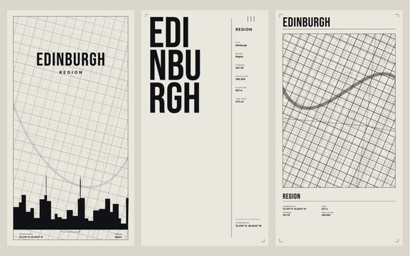 Set of three modern minimalist posters featuring edinburgh city map and skyline vector illustration