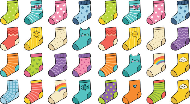 Cute cartoon socks icon sticker set featuring colorful winter footwear with playful patterns like stripes hearts stars rainbow cat face and cloud vectors.