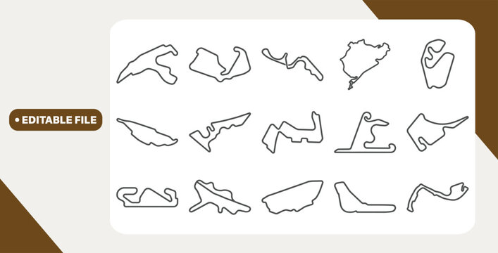 Motor racing circuit outlines with labels arranged in grid