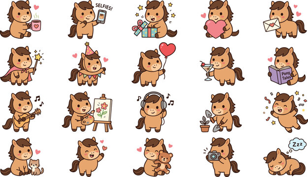 Cute cartoon horse pony character sticker set featuring the little animal taking selfies opening gifts painting listening to music and reading book vectors.