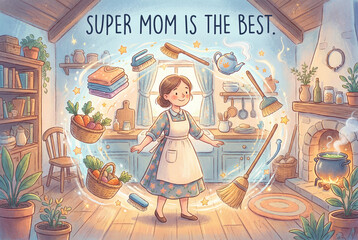 Obraz premium Super Mom Multitasking at Home – Cute and Creative Illustration