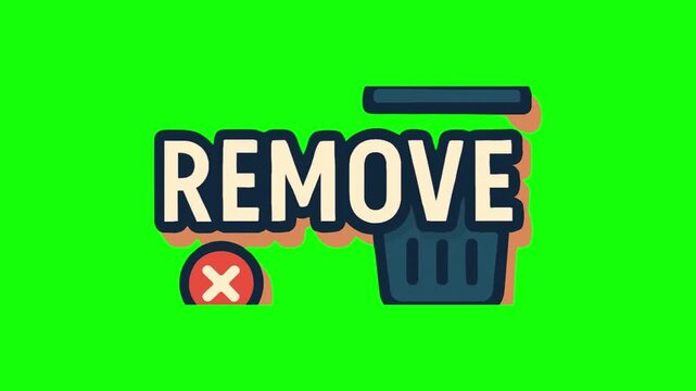 Animated remove text and icons for user interface design on a bright green chroma key background