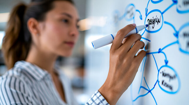 Businesswoman drawing a decision tree diagram on a whiteboard during a corporate workshop, strategic planning and analytical thinking concept, faceless, defocused background, with