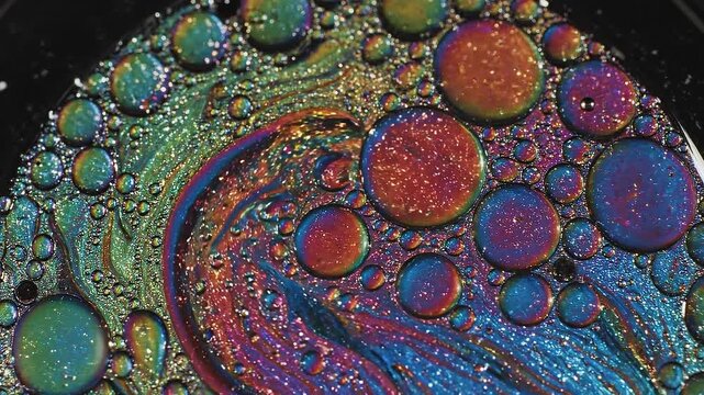 Abstract macro of iridescent oil and water mixture creating vibrant swirling patterns and colorful bubbles with a dark background Keywords: oil, water, abstract, iridescent, colorful, bubbles