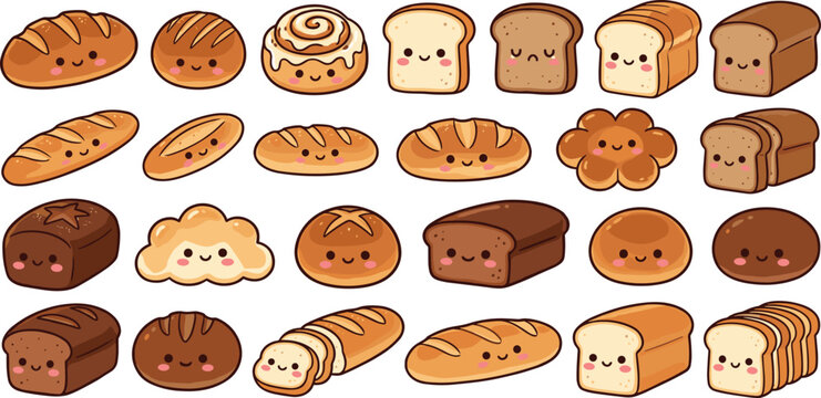 Cute cartoon bakery and bread character sticker set featuring sliced white loaf baguette cinnamon roll bun and dinner roll illustrations vector.