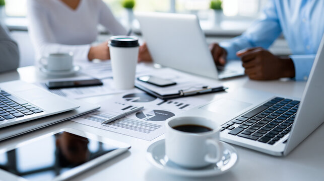 Overhead view of a corporate meeting table with documents, laptops and coffee cups, executive team strategy session concept, faceless, defocused background, with copy space