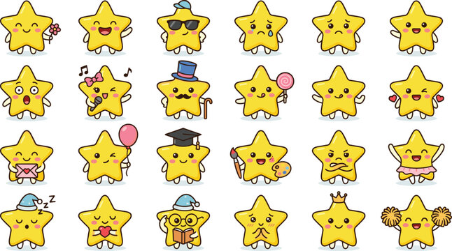 Cute cartoon yellow star character sticker set featuring funny emoji expressions hobbies and occupations like graduating sleeping painting singing and cheerleading vectors.