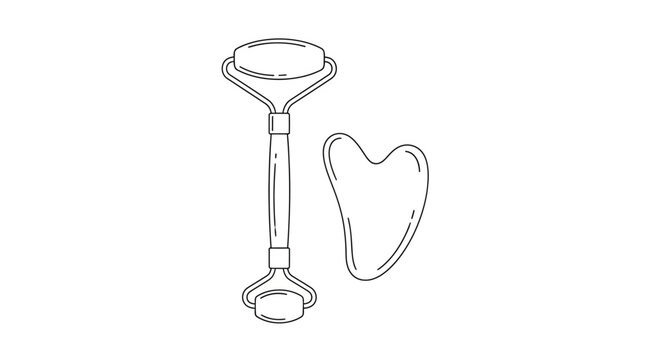 Hand drawn illustration of a facial jade roller and a heart shaped gua sha tool.