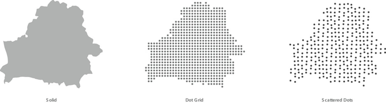 Set of three stylized maps of belarus in solid, dot grid, and scattered dots vector illustration