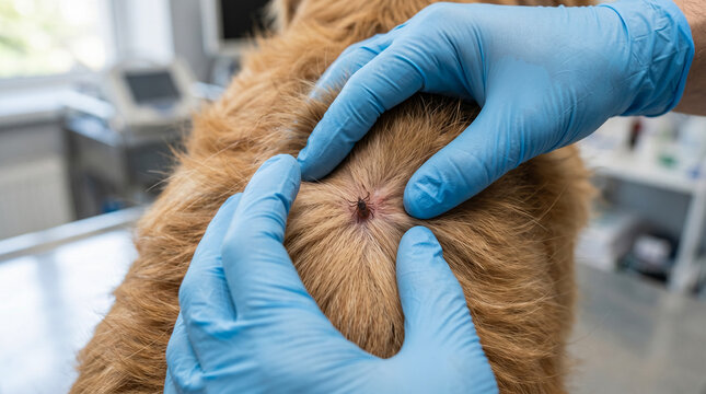 Close-up tick inspection on dog fur