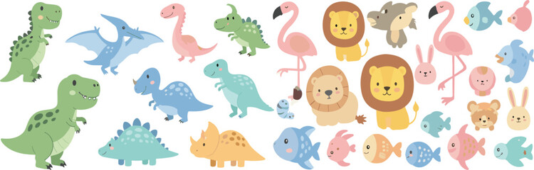 Obraz premium Cute cartoon dinosaur and animal collection with lions, flamingos, fish, rabbits, and pastel nursery characters for kids vector illustration set