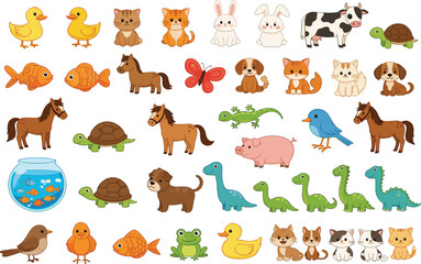 Fototapeta premium Cute cartoon animal collection with cats, dogs, ducks, dinosaurs, horses, turtles, and farm animals for kids vector illustration set