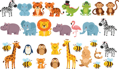 Cute cartoon wild animal collection with zebra, elephant, tiger, lion, giraffe, monkey, and bee characters for kids vector illustration set © Jannatun
