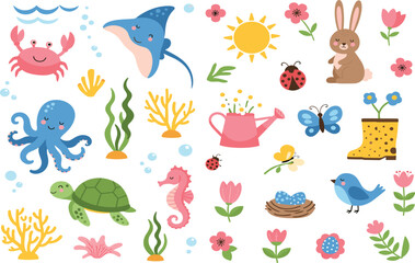 Naklejka premium Cute ocean and garden doodle collection with sea animals, flowers, insects, and pastel nature elements for kids vector illustration set