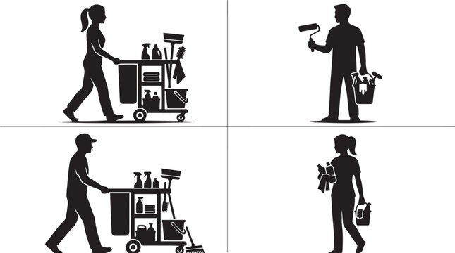 Janitor and cleaner silhouettes set with cleaning service workers pushing supply carts, holding paint roller, buckets, and bottles on white background