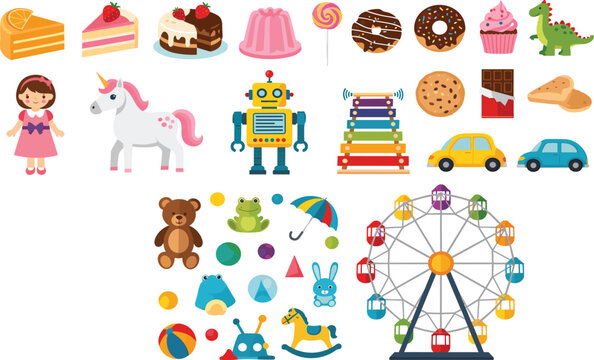 Cute cartoon toy and dessert collection with ferris wheel, robot, unicorn, sweets, and playful nursery elements vector illustration set
