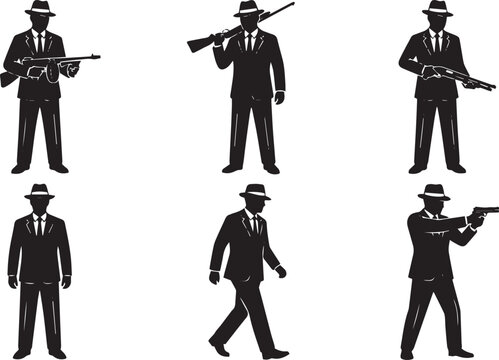 Mafia gangster silhouettes set with vintage mobsters wearing fedora hats and suits holding submachine guns, shotguns, and pistols on white background