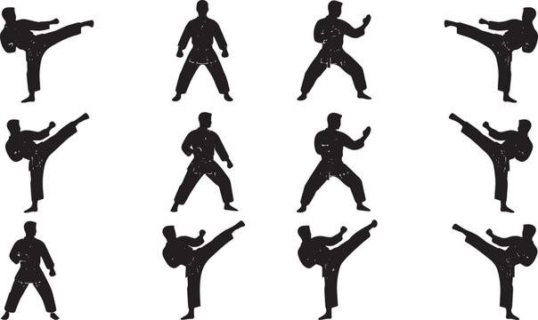 Martial arts fighters silhouettes set with karate and taekwondo masters showing different poses, high kicks, and defensive stances on white background