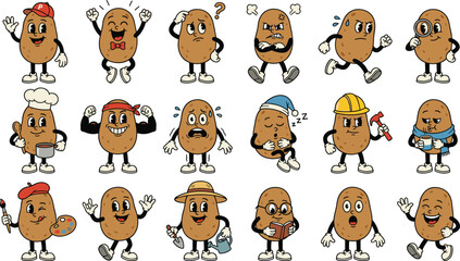 Fototapeta premium Vintage rubber hose cartoon potato character set featuring funny retro mascot expressions hobbies and occupations like builder artist chef and gardener vectors.