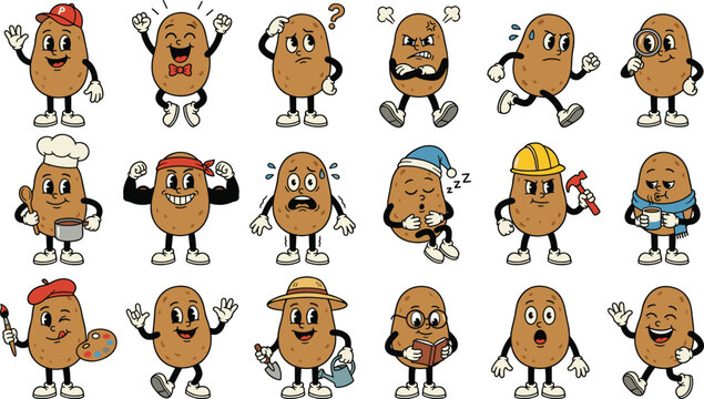 Vintage rubber hose cartoon potato character set featuring funny retro mascot expressions hobbies and occupations like builder artist chef and gardener vectors.