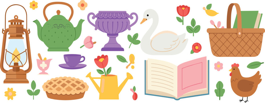 Cute cottagecore doodle collection with teapot, swan, picnic basket, flowers, lantern, and cozy home elements vector illustration set