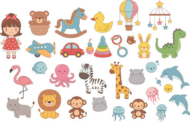 Fototapeta premium Cute pastel cartoon animal and baby toy collection with nursery doodles, playful characters, and kids sticker elements vector illustration set
