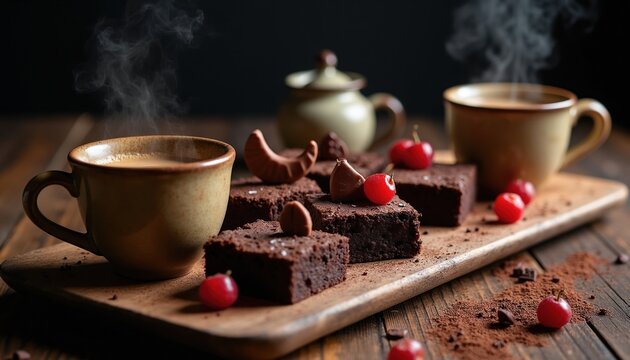Rich chocolate brownies with fresh cherries sit on a wooden board. Steaming coffee in rustic cups complements this decadent dessert. A delightful pairing for any sweet treat lover.