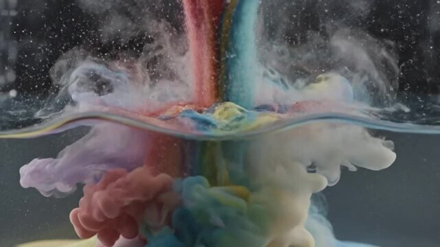 Colorful sand dissolving underwater creating a mesmerizing rainbow effect with vibrant pigments and dynamic abstract shapes