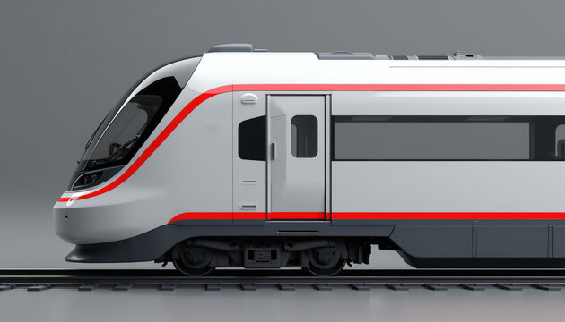 Modern white train with red stripe travels on tracks. Sleek passenger carriage design on grey background. Fast rail transport for journeys and city commutes.