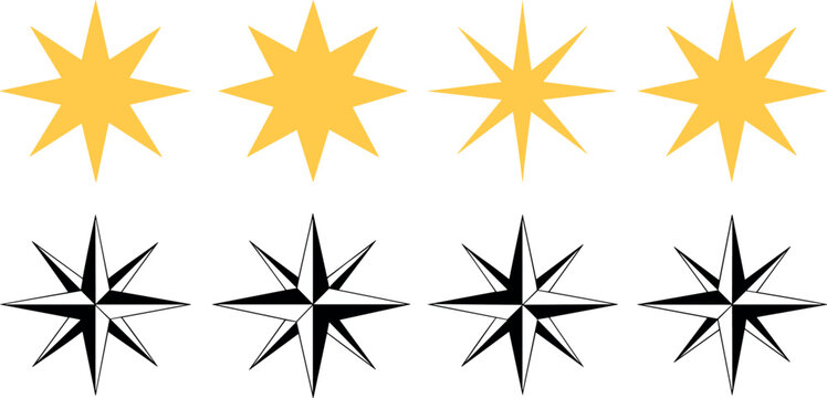Collection of flat yellow eight-pointed stars and black and white faceted compass rose icon symbols vector illustration