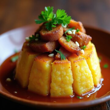 Mashed plantain mofongo dish topped with pork cracklings and pine nuts. Savory caribbean cuisine served in red sauce with parsley garnish. Traditional latin american meal.