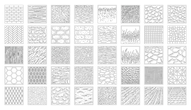 CAD architectural hatch patterns set, material texture symbols for grass wood stone brick concrete gravel paving and surface blueprint drafting vector illustration