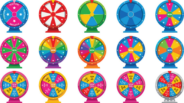 Colorful wheel of fortune vector icon collection featuring lucky lottery spin wheels for casino gambling games online quizzes trivia and carnival giveaway rewards.