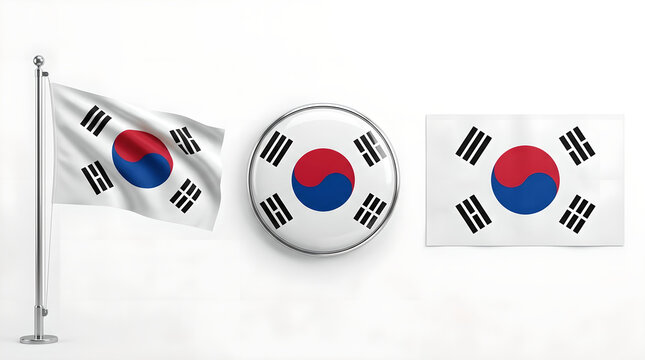 South korea flag set, variations waving flag pin badge and flat banner on white