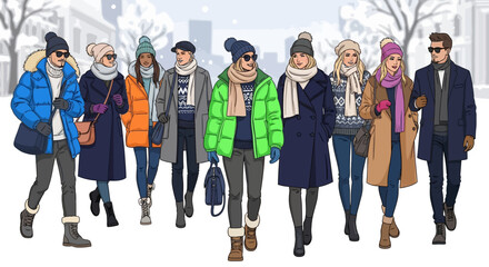 Fototapeta premium Diverse group of people walking in winter clothes
