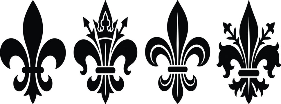 Fleur De Lis Vintage Icon Set with French Royal Lily Symbols for Heraldry, Luxury Branding, Tattoos, and Medieval Decorative Vector Designs
