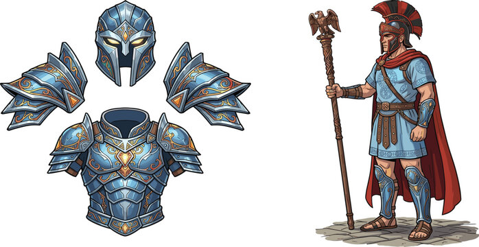 Roman Gladiator and Knight Armor Vector Set Featuring Full Body Centurion Warrior and Fantasy Metallic Plate Mail Suit Elements for RPG Games