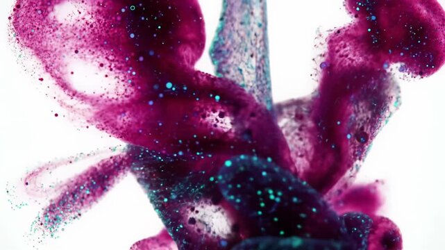 Vibrant deep pink & teal particles swirl, intermingle on white, overhead crane video with zoom highlights intricate patterns. Concept of abstract fluid dynamics
