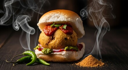Steaming spiced potato patty sandwich with chili, chutneys, on dark wood © Ngopas